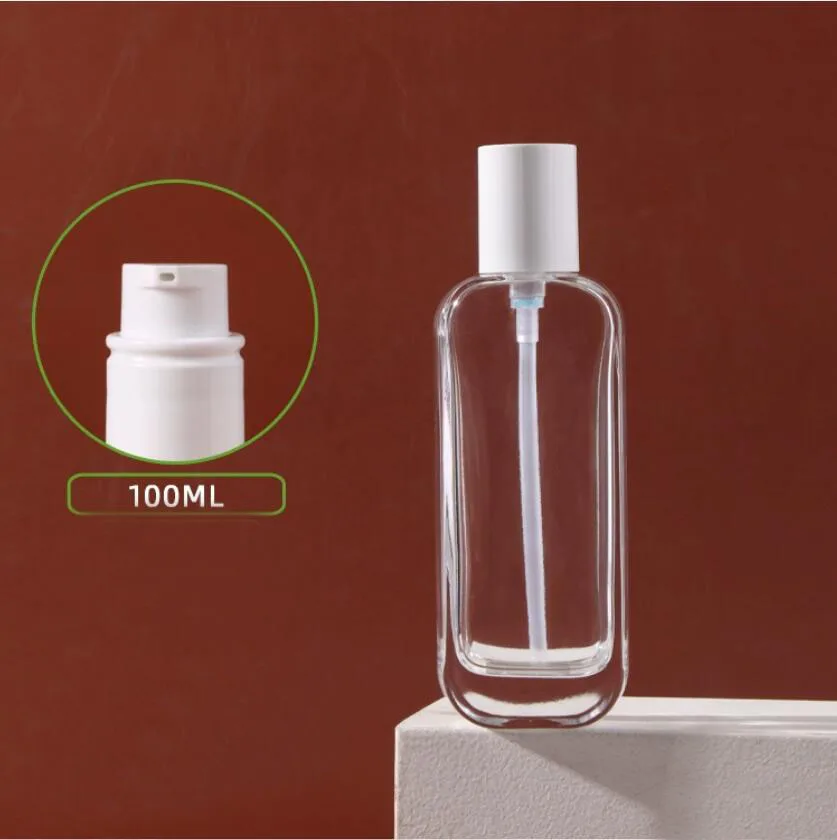 

100 мл прозрачная стеклянная бутылка белая черная сыворотка с насосом/лосьон/эмульсия/основа под макияж/эссенция тоник для ухода за кожей косметическая упаковка