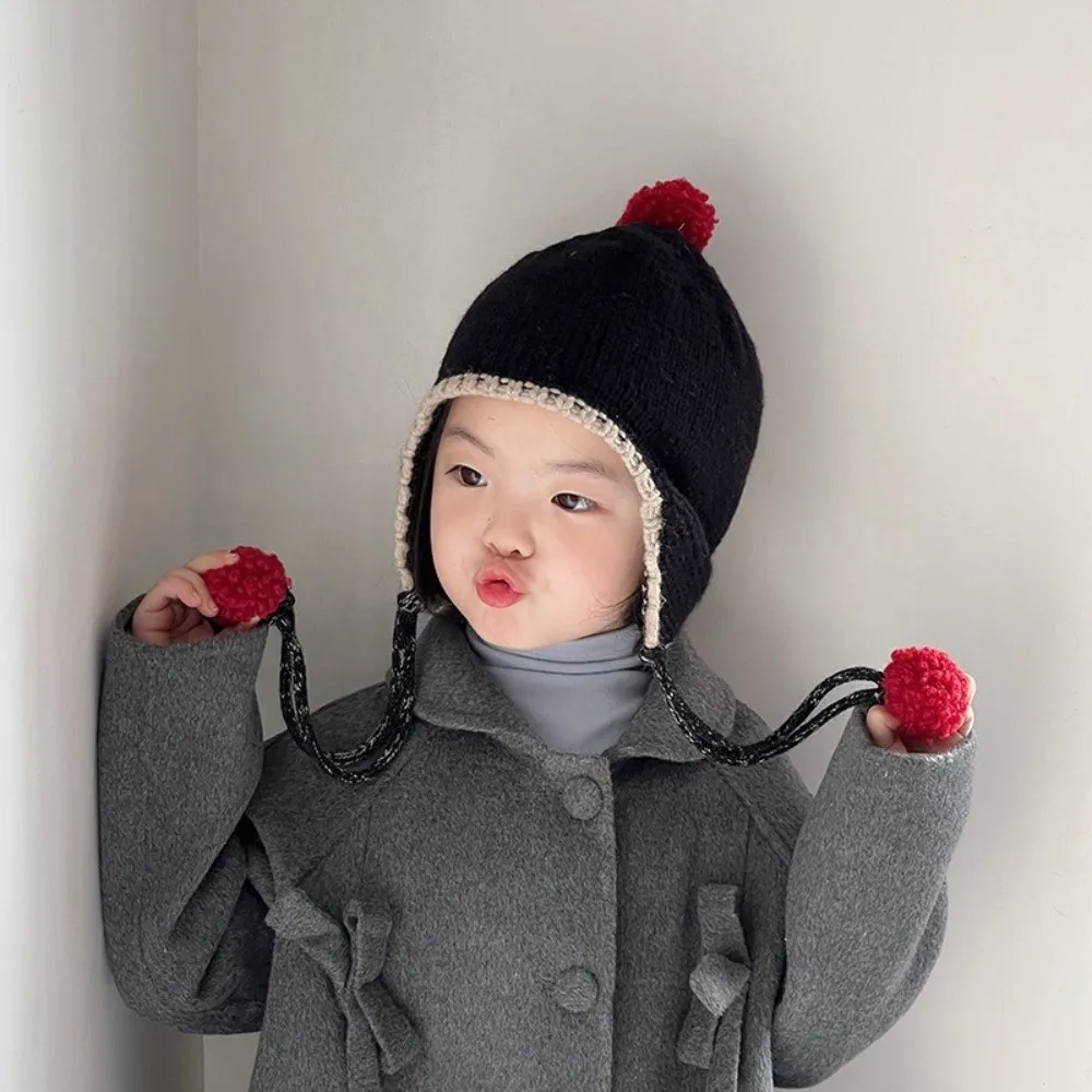 Cute Winter Baby Knitted Cap Thick Bobbles Baby Beanie Cap Tassel Warm Ear Protection Hat Kids
