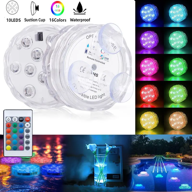 New 10 Led Remote Controlled RGB Submersible Light Battery Power