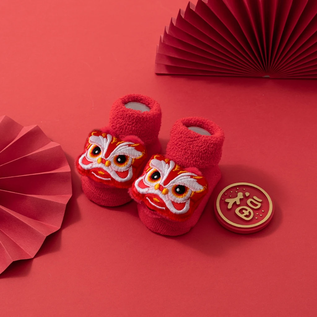 Baby Socks Baby Newborn New Year Long Socks Red Cute Carton Lion Anti-Slip Floor Socks Winter Thick Warm 0-3Y
