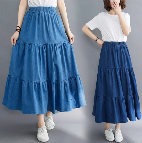 Blue Wash Cotton Denim Skirt Women 2021 Casual Loose Denim A-Line Skirt Long Jean Skirt Wild Pleated Skirt Swing Long Jean Skirt womens loose jeans 2021 ripped wide leg for women high waist blue wash casual cotton denim trousers straight baggy jean pants