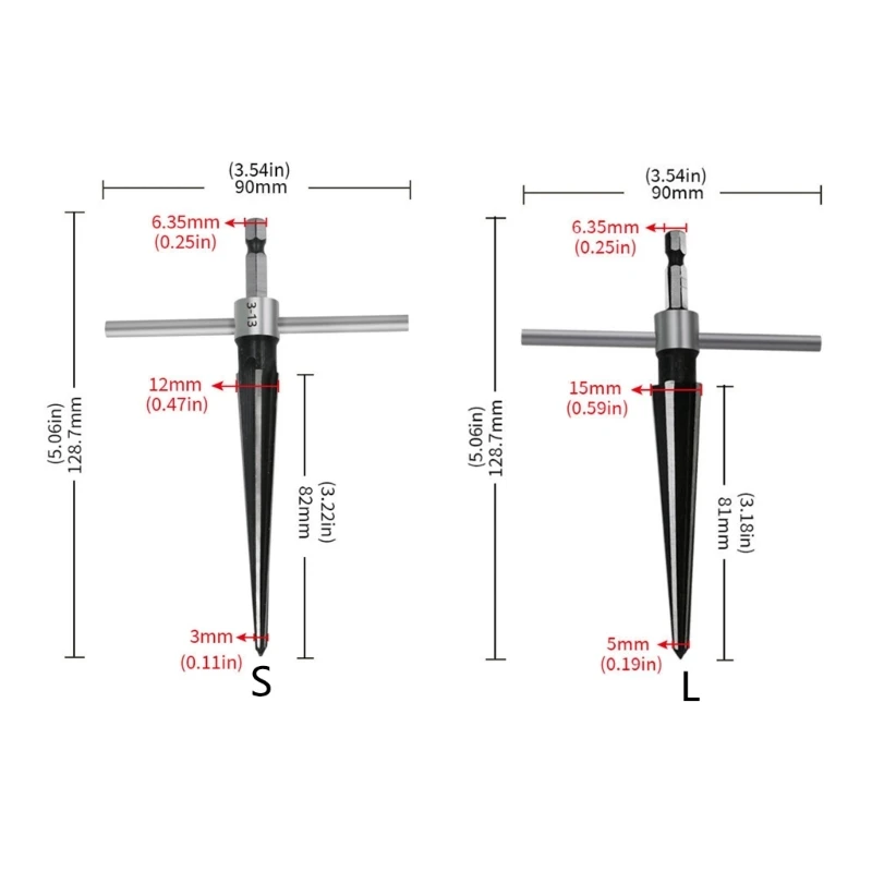 T-Handle Taper Reamer T Handle Detachable Tapered Reamer with 1/4Inch Shank 3-13mm & 5-16mm Handheld Reaming Tool