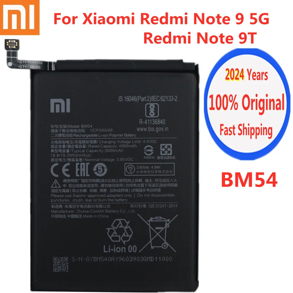 

2024 Years Xiao mi Original Phone Battery BM54 For Xiaomi Redmi Note 9 5G / Note 9T MTK 800U 5000mAh Battery Batteries Bateria