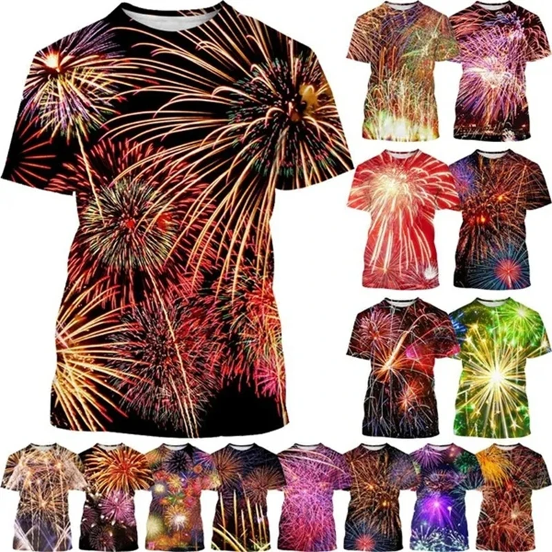 

New Fireworks 3D Printing T-shirt Rainbow Flame Round Neck Short Sleeve Colorful Flame Pattern Men Women Fashion Casual Top Tees