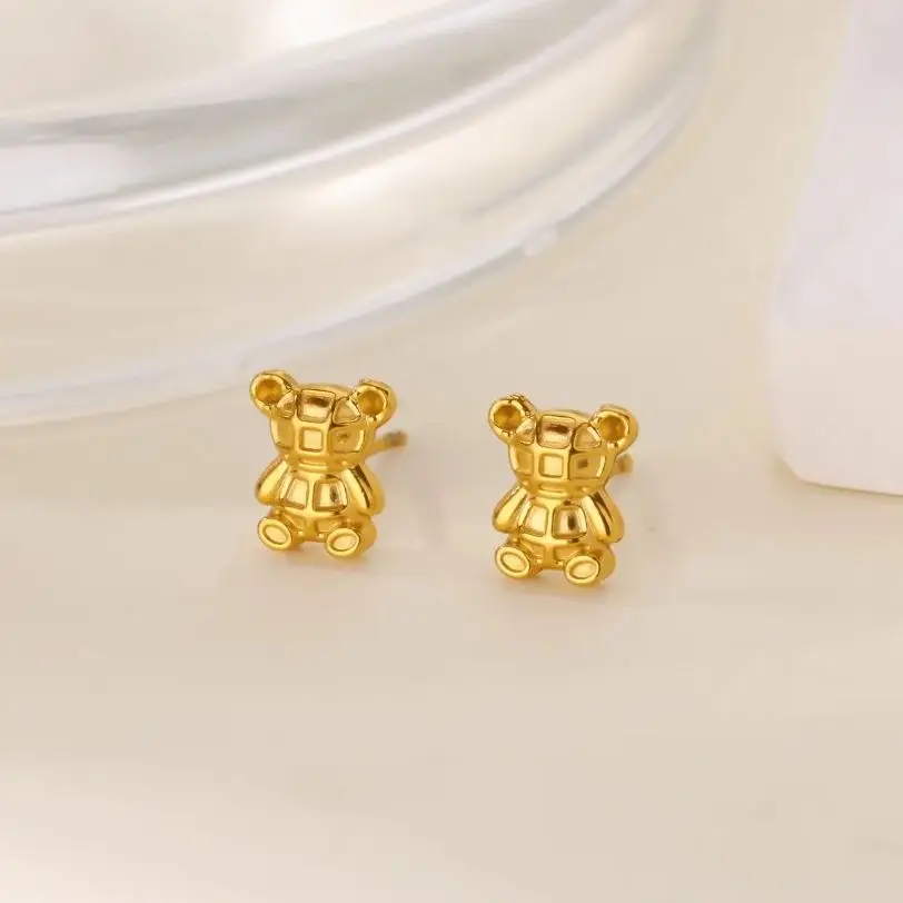 Cute Cartoon Bear Stud Earrings for Women Gold Color Stainless Steel