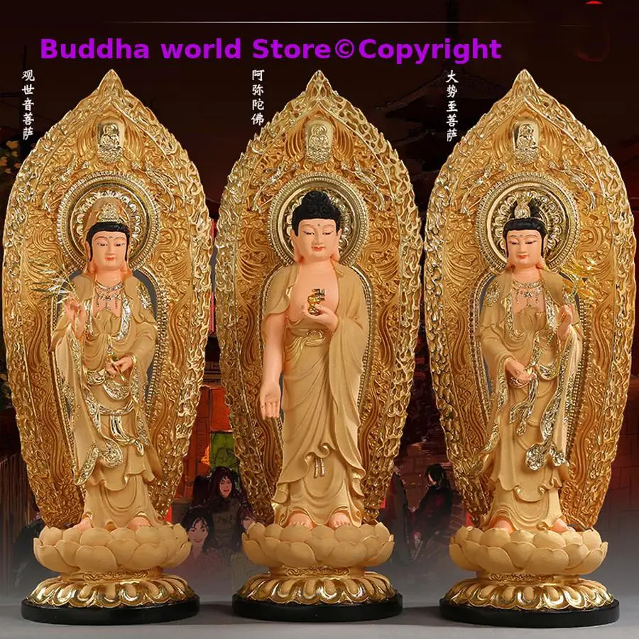 

54CM Large A set 3PCS HOME shrine protection Buddhism XI FANG SANSHENG Standing Guan yin Amitabha Mahasthamaprapta Buddha statue