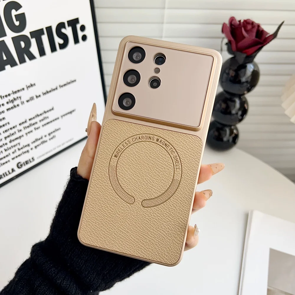 Premium Magnetic Leather Case with Large Camera Window - Shockproof Back Cover