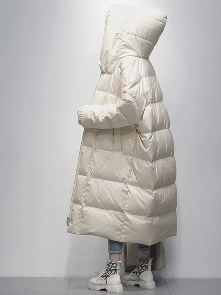 Black White Hooded down jacket for women Winter Oversized Thick warm 90% White duck down coat Long Feathers Outwear INKEO 3O234