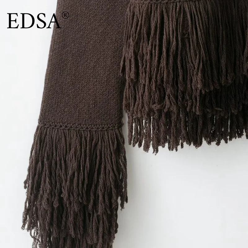 سترة نسائية محبوكة مهدب من EDSA مع زر واحد وأكمام...