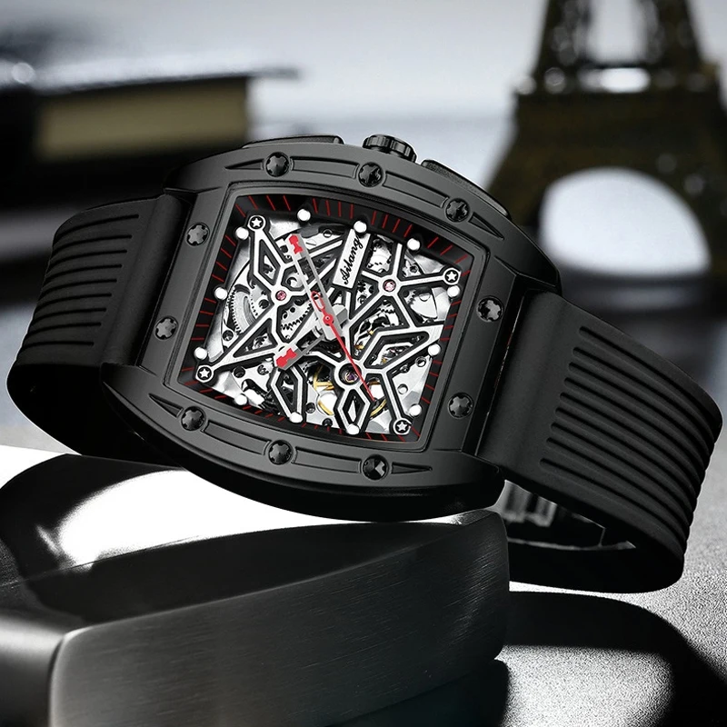 AILANG Brandneue Herrenuhr mit hohler mechanischer Uhr, modisches Lederarmband, wasserdicht, Skelett-Automatikuhr, Herren-Sportuhr_voghion.com