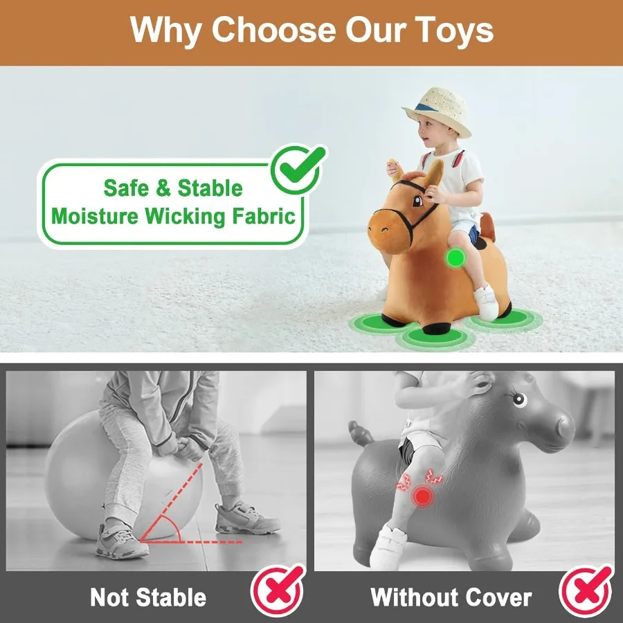 iPlay iLearn Bouncy Pals Brown Hopping Horse Toddler Plush Animal Hopper Toy with Inflatable Ride-on Bouncer and Built-in Pump