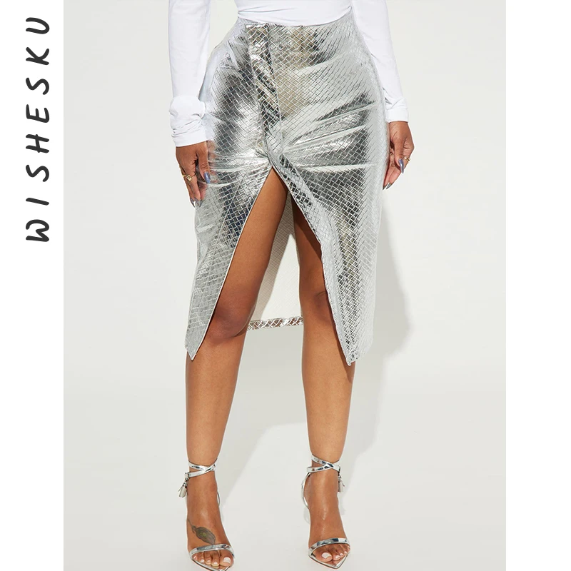 

Sexy Metallic Silver Knotted Bodycon Midi Skirt Women High Waist Slit Slim Fit Long Skirts 2023 Spring Fall Birthday Clothes