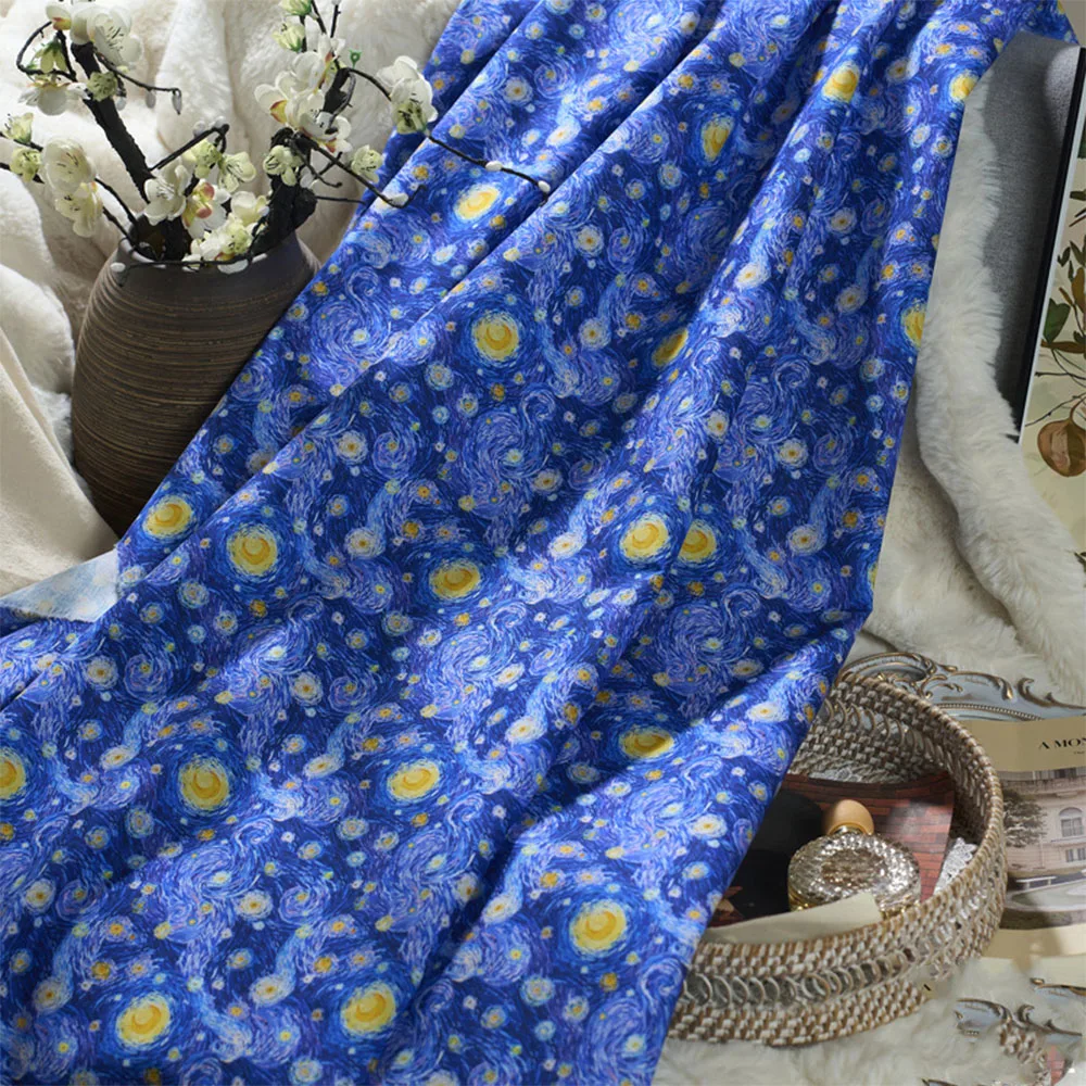 Van Gogh Inspired Starry Sky Cotton Print Fabric - 145x50cm for DIY Projects and Home Decor