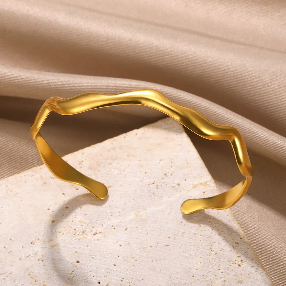 Stainless Steel Wave Open Bangle Bracelets for Women