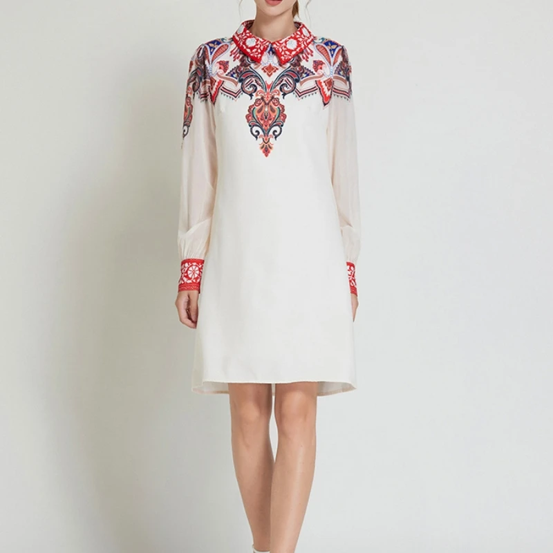 

Женское мини-платье с пышными длинными рукавами, элегантное платье с отложным воротником и принтом в уличном стиле, осень