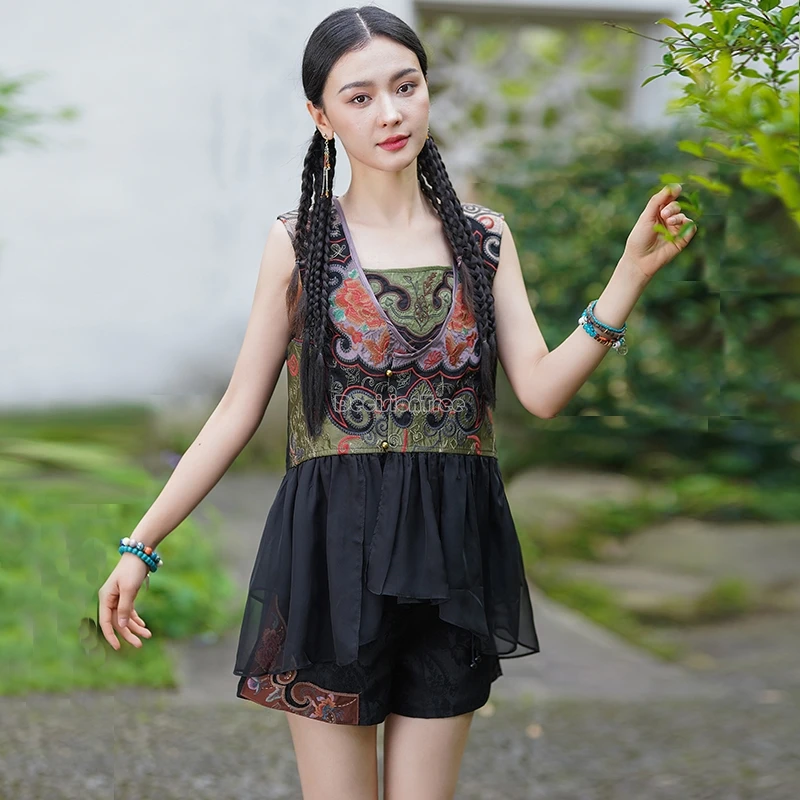 

2024 new chinese improved fine embroidery sleeveless vest top new summer national style casual fashion women daily vest top t001