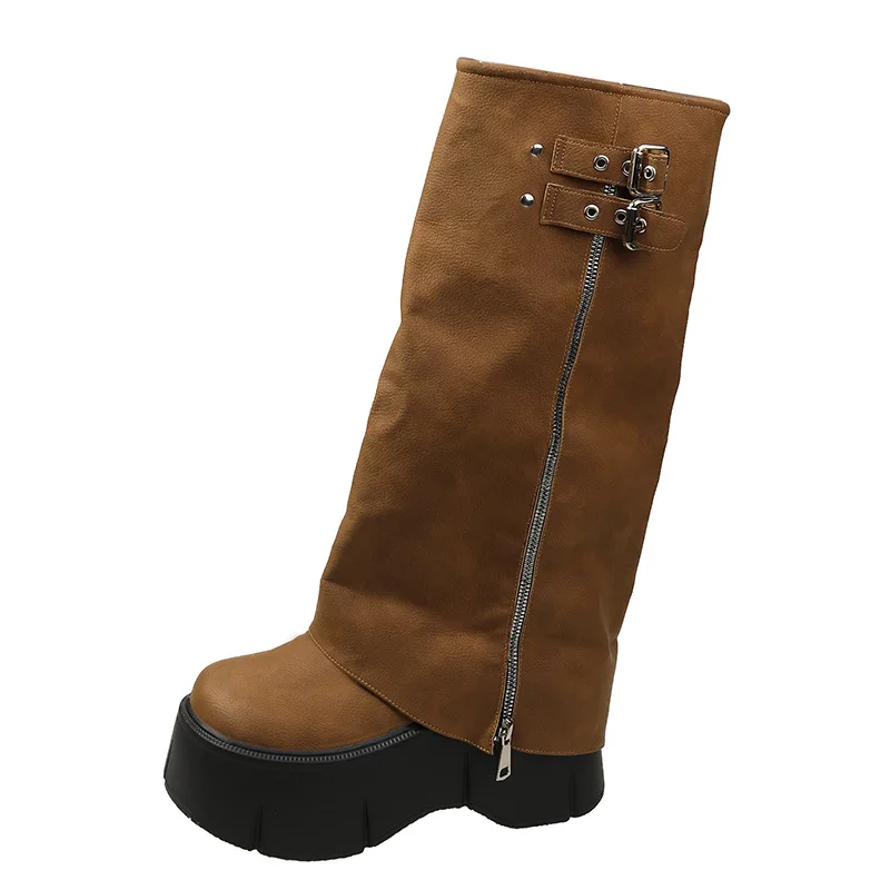 

Дизайнерские женские кожаные сапоги до колена, Зимние Теплые повседневные сапоги на массивной платформе для отдыха, уличные мотоциклетные сапоги в стиле панк на высоком каблуке