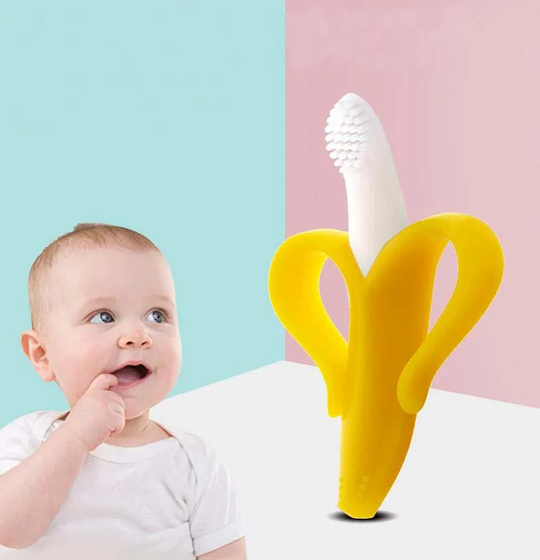 Baby Silicone Training Toothbrush BPA Free Banana Shape Safe Toddle Teether Chew Toys Teething Ring Gift For Infant Baby Chewing