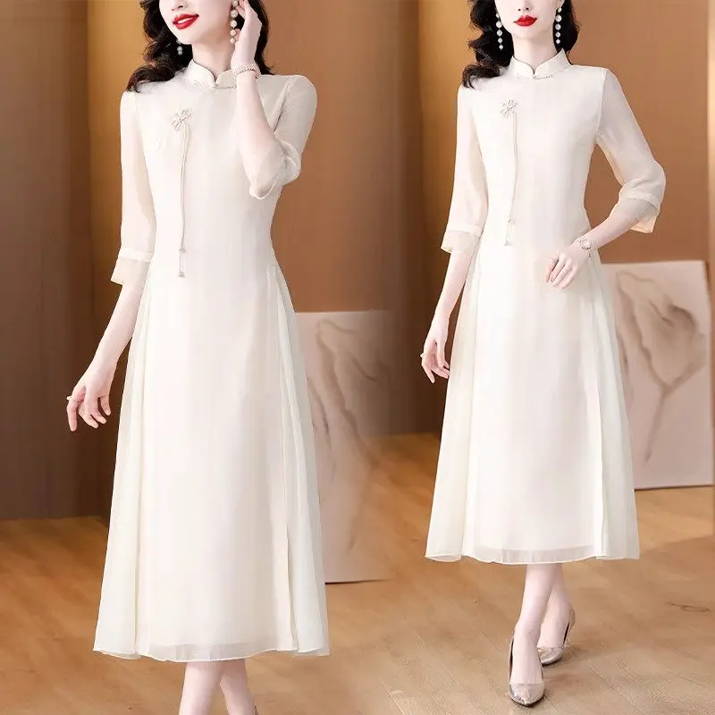 

Chinese Qipao Dress Women's Summer 2023 New Improved Hanfu Retro Elegant Solid Color Stand Collar Half Sleeve Dress Z1602
