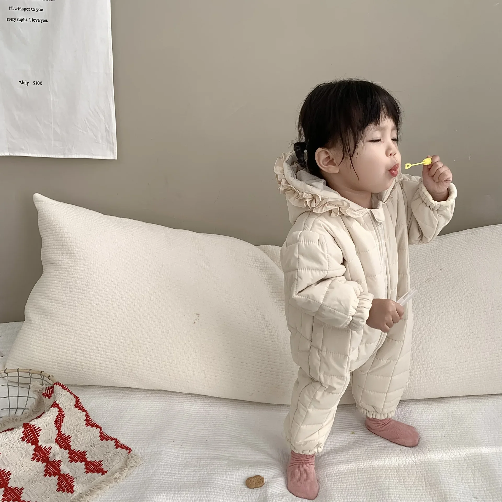 

Autumn Winter Toddler Girl Solid Plaid Hooded Cardigan Thicken Warm Romper Boy Baby Fashion Cotton-padded Jumpsuit Kid One-piece