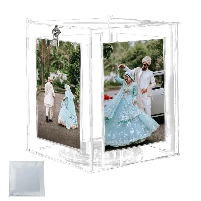 

Acrylic Card Box Rotatable Picture Frame Holder Clear Large Letter Envelope Boxes With Lock For Bridal Shower Toddler Shower
