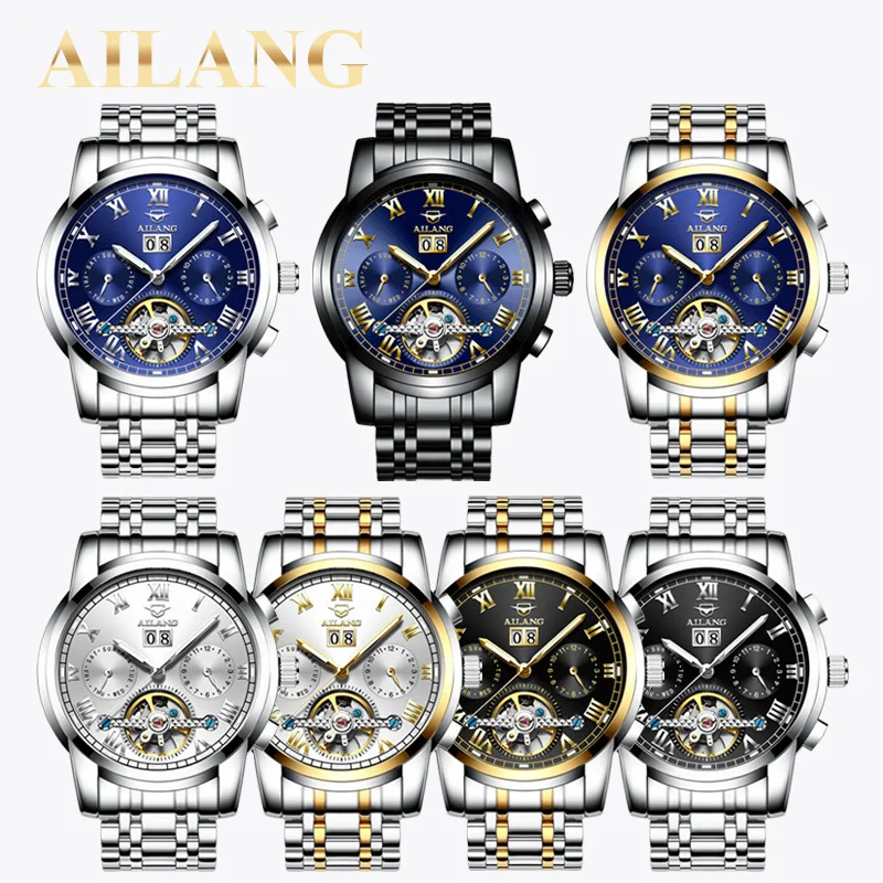 AILANG Brand New Luxury Tourbillon Mechanical Watches Stainless Steel Waterproof Luminous Hands Calendar Business Mens Watches