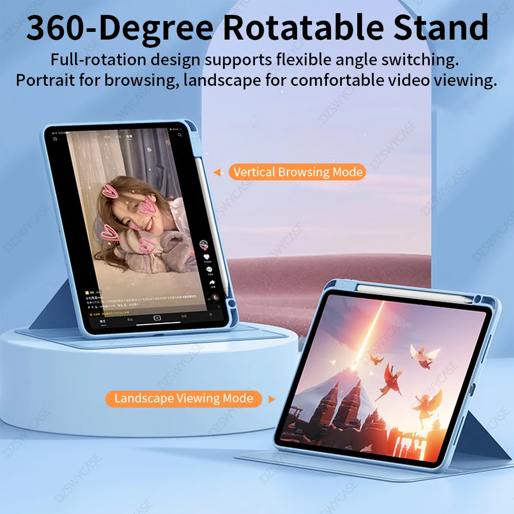 Acrylic 360 Rotating iPad Case with Pencil Holder - Clear Tablet Cover