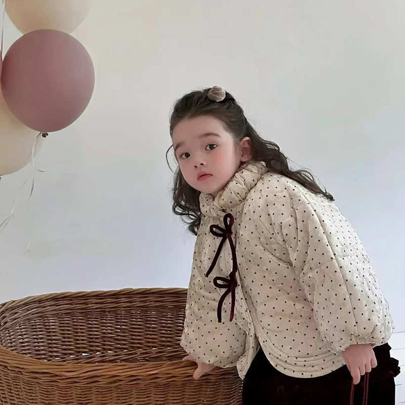여아용 겨울 폴카 도트 코튼 재킷 패션 어린이용 리본 터틀넥 아우터웨어 한국  여아용 따뜻한 솜 패딩 코트