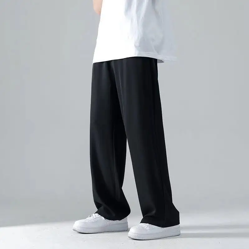 Ice Silk Straight Leg Casual Pants Men's Summer Thin Hong Kong Sle Drapey Wide Leg Casual Trousers Pure Color Loose Fit