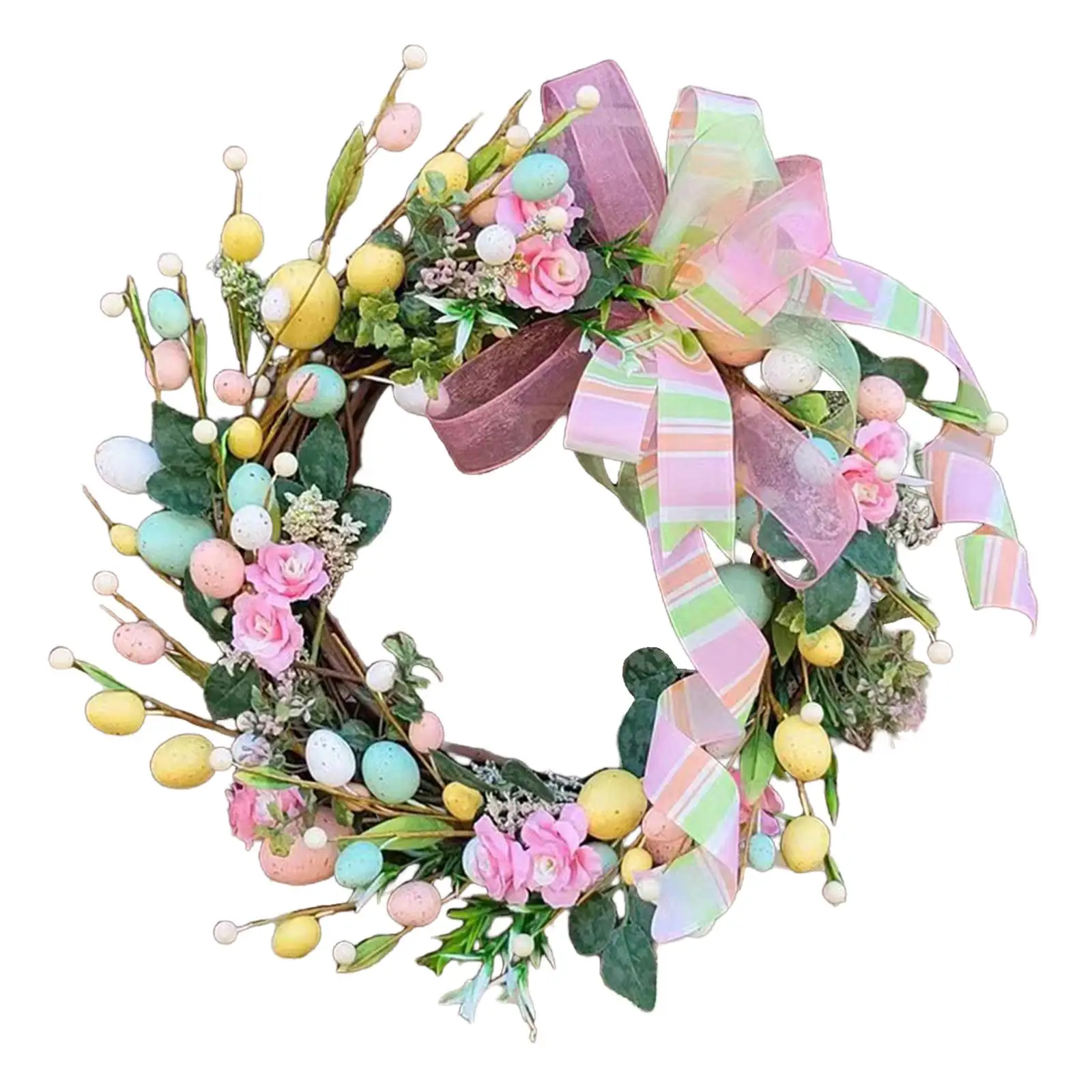 Artificial Easter Wreath for Front Door Green Leaves Decorative Wall Hanging Ornament for Festival Party Celebration Patio Home