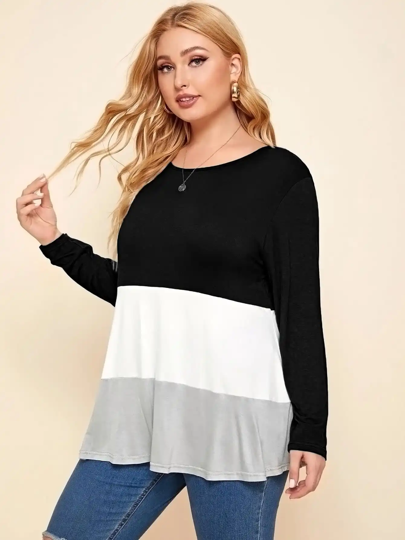 Finjani Colorblock Tee Women's Plus Size Long Sleeve Crew-Neck Loose Spliced Tops