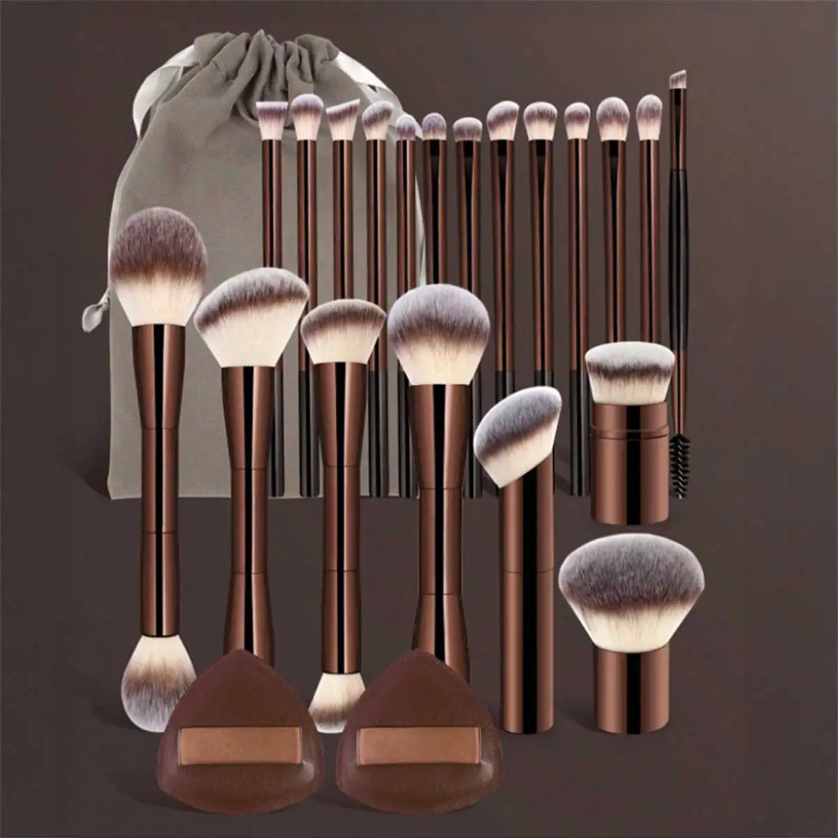 22pcs Professional Makeup Tools Set With Velvet Bag,20pcs Soft Long Aluminum Tube Makeup Brush Set+2pcs Powder Puffs Accessories