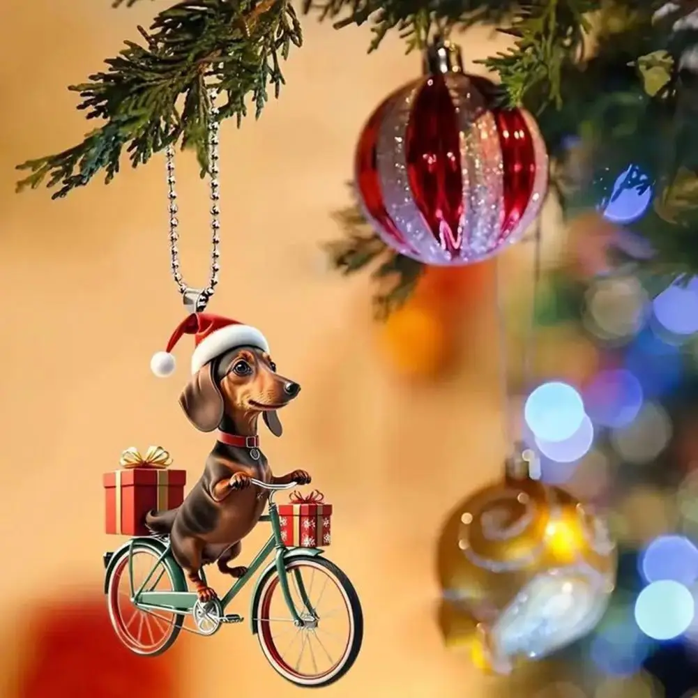 Fun Pendant Puppy Riding Bicycle Christmas Tree Ornaments Double-printed Acrylic Hanging Decorations for Home Family Friends Dog