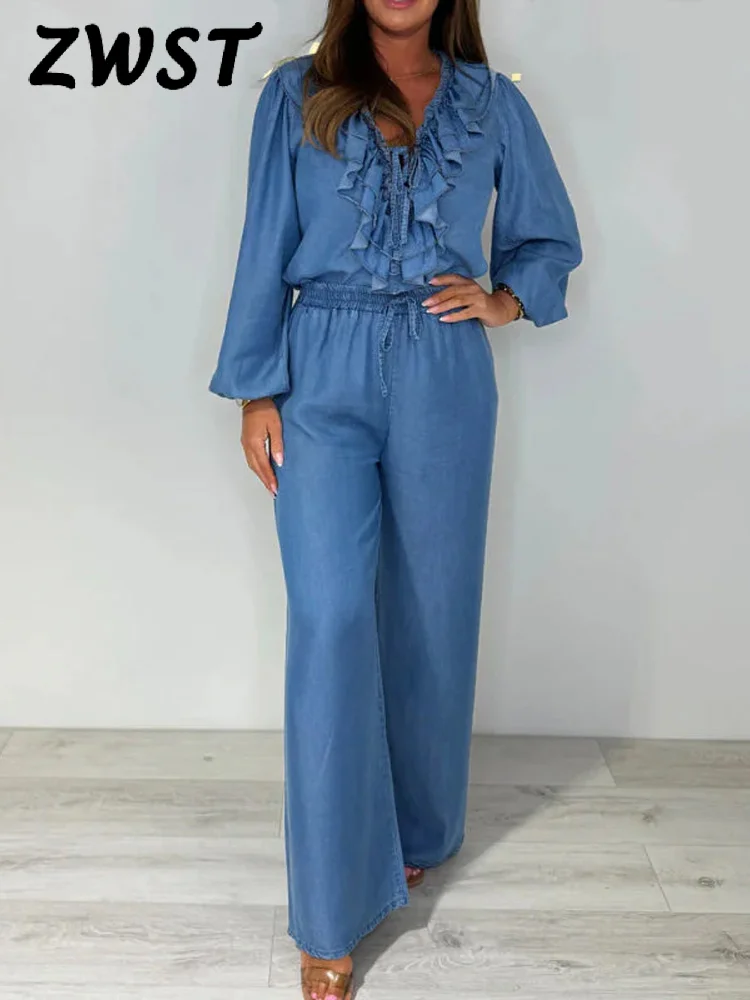 Casual Ruffle Denim Shirt Trousers Set Women Solid Lace Up Full Sleeve Shirts High Waist Wide Leg Pants 2025 Summer Lady Suit