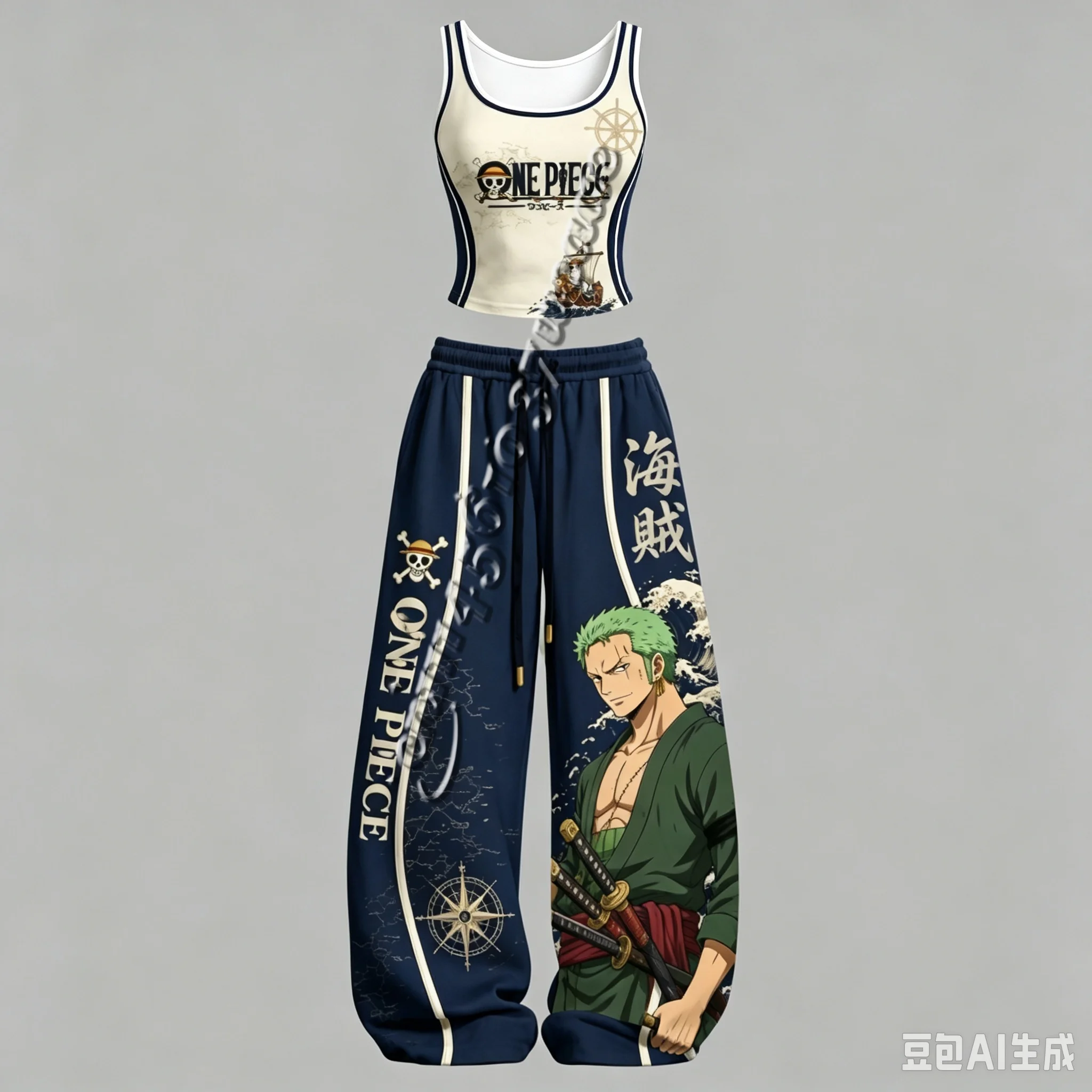 26/27 One Piece Luffy Zoro Robin Serie Charakter-Tanktop und Weite-Hosen-Set, Unisex Anime-Peripherie-Outfit für die Familie