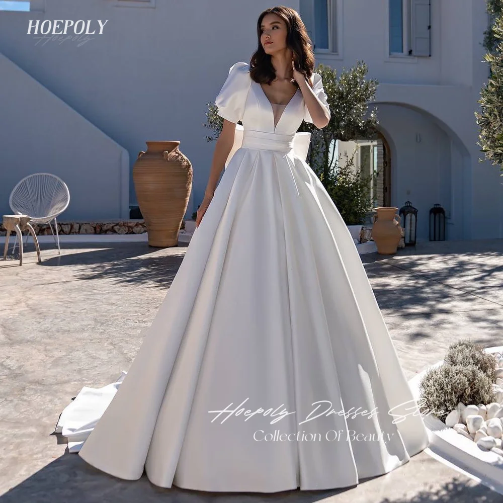 

Hoepoly Satin A-Line Simple Loose USA Euro Evening Dresses V-Neck Floor-Length Slim Fit Prom Gown With Train For Romantic Women