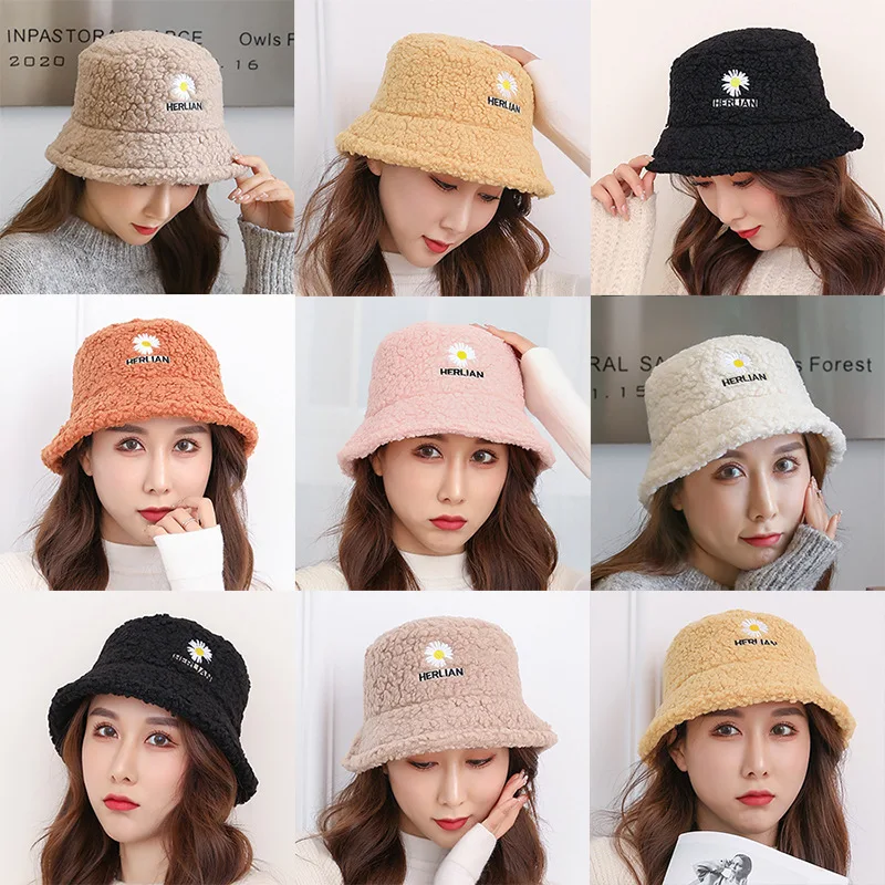 

Ins Fashion New Lambswool Daisy Hat Winter Spring Letter Fisherman Hat Korean Keep Warm Cap Lambswool Basin Hat Wholesale