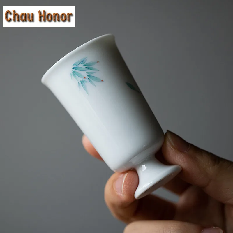 2pc/set Boutique Pure Hand Painted Bamboo Art Tea Cups White Porcelain Smelling Fragrant Mug Kung Fu Teaset High Foot Cup 40ml