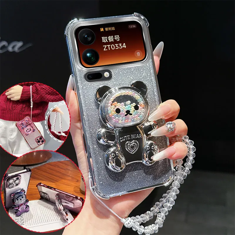 Shockproof Phone Case with 3D Bear Stand and Glitter Crystal Chain Lanyard