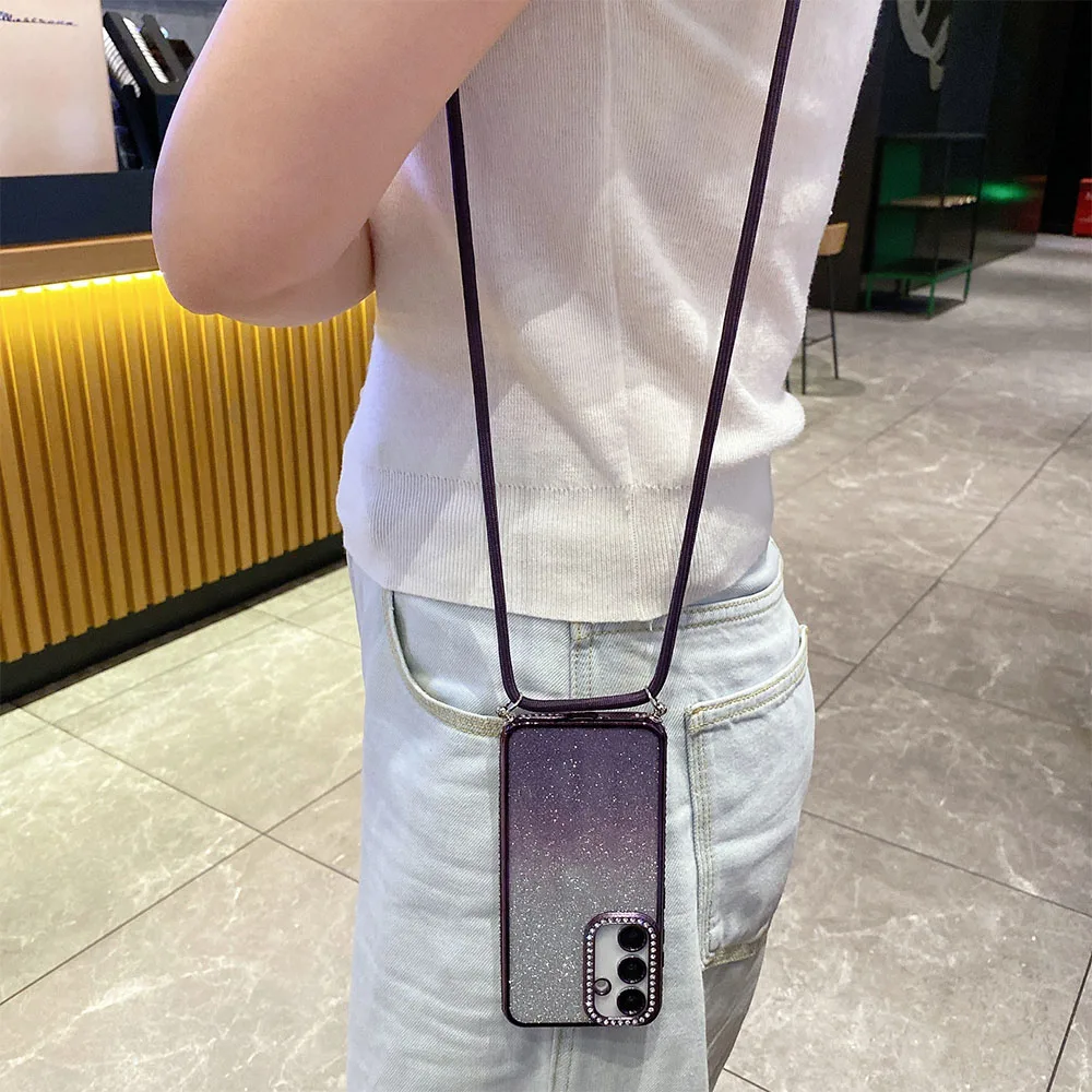 Crossbody Glitter Phone Case with Necklace Lanyard - Durable Silicone Cover