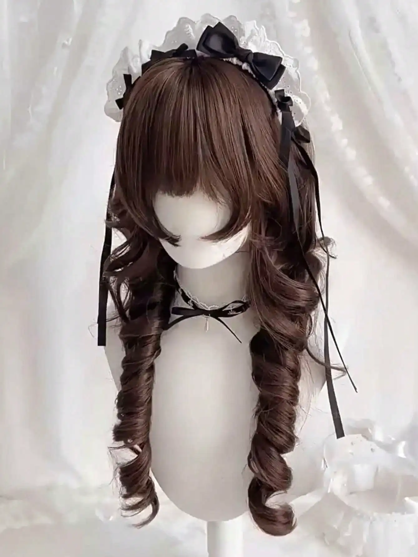 Brown Synthetic Long Deep Wave Wig with Bangs for Women