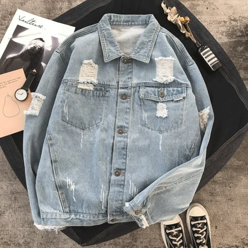 

Men's Denim Jacket with Hole Ripped Autumn Button Male Jean Coats Splicing Blue Vintage Free Shipping Winter Outerwear Size L G