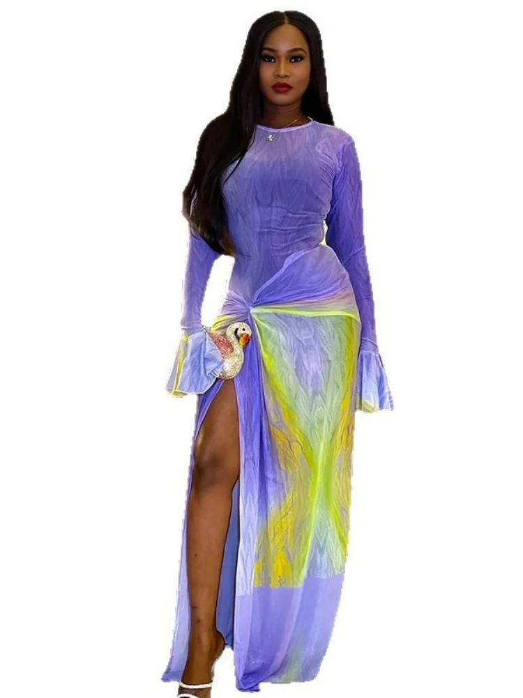 Wmstar Dress Women Wholesale Summer Casual Wear Printed Slit Pleated Hip Hugging Dresses Round Neck Flared Sleeve Long 2025