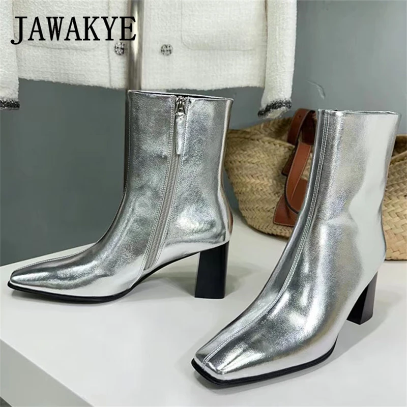 

2023 Autumn Silver Square Toe High Heel Ankle Boots For Women Genuine Leather Zip Short Knight Boots Fashion Chelsea Botas Mujer