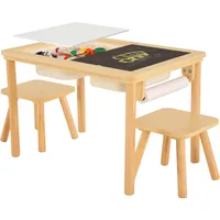 Multifunctional Sensory Table with 2 Chairs & Paper Roll, Wooden Sand and Water Activity Table with  Foldable Storage Bins 1
