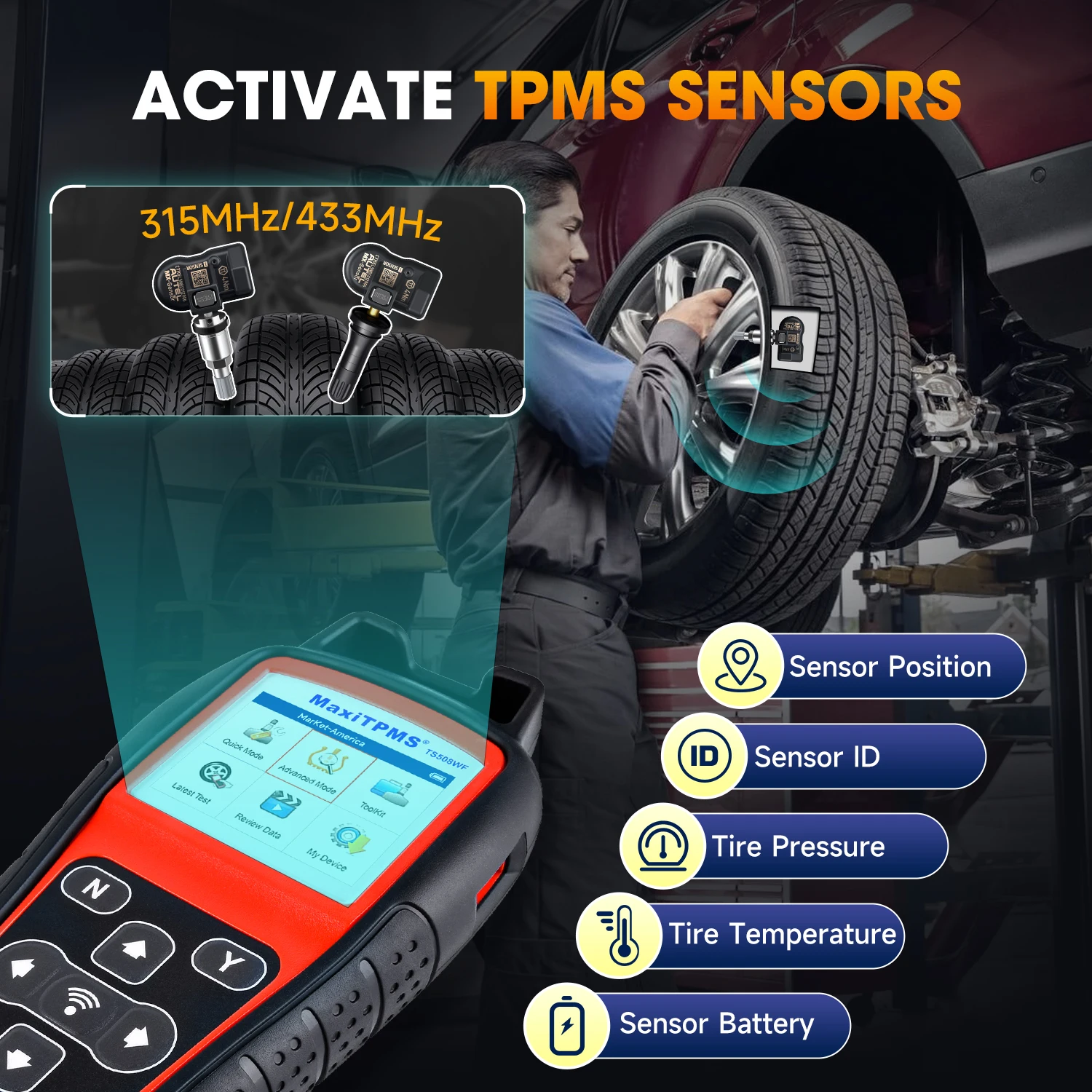 Autel MaxiTPMS TS508WF TPMS Tool Sensor Progarmming/ Relearn/ Activate, TPMS Reset, Read/Clear DTCs Upgraded of TS501 TS408 tire pressure monitor car diagnostic tool