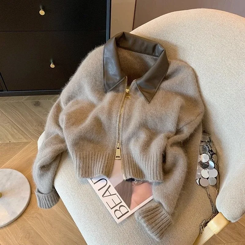 

Women's Knitted Cardigan Winter Patchwork Double Zipper Short Sweater Loose Fit Knitted Cardigan