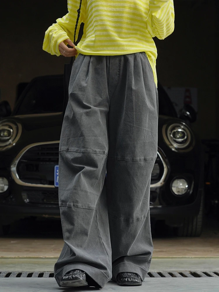 [LANMREM] Vintage High Waist Pants For Women Dark Gray Wide Leg Trousers Fashion Streetwear Clothing 2024 Summer New 26D8914