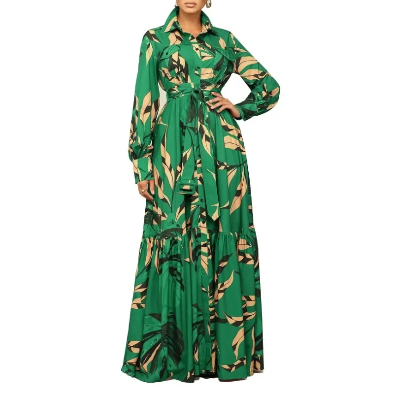 

2024 Red Green Polyester African Dresses for Women Spring Long Sleeve V-neck Print Long Maxi Dress Dashiki African Clothing 3XL