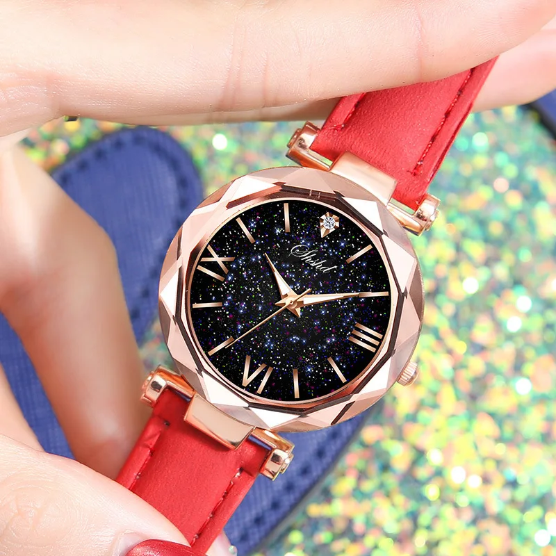 Women Watch Luminous Rhinestone Romantic Starry Sky Wristwatch Water Romantic Starry Sky Watch for Women Leather Watch - 2